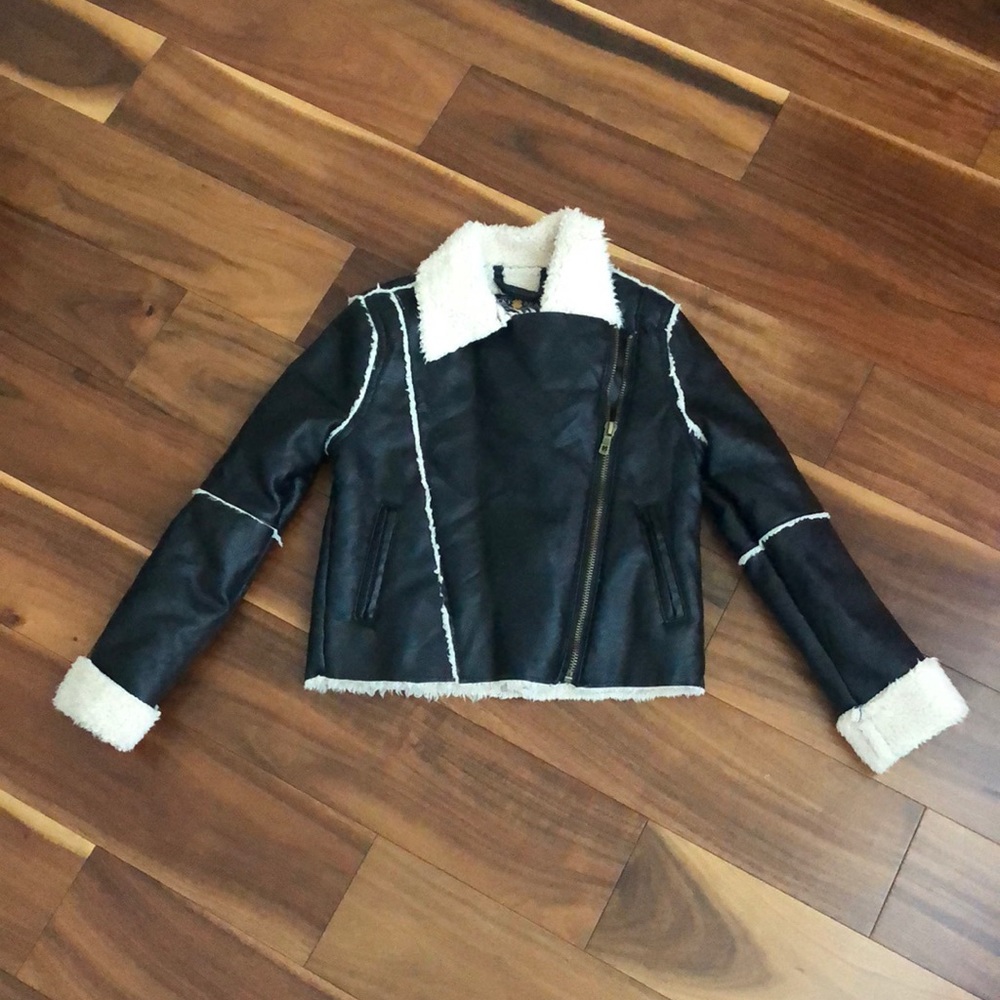 LUCKY BRAND GIRLS BLACK FAUX LEATHER FLEECE LINED MOTO JACKET SIZ…